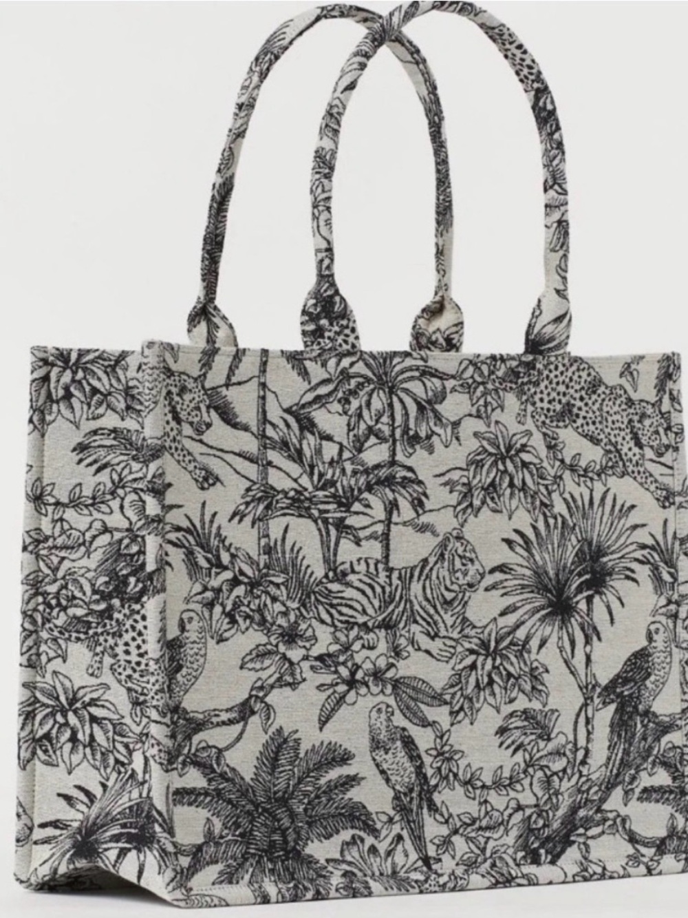Black and Cream Tropical Print Canvas Tote Bag